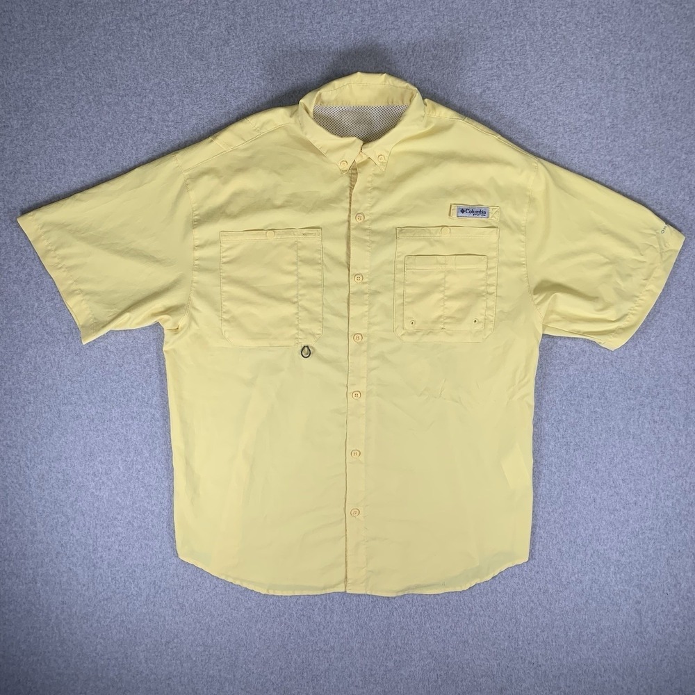 Columbia PFG Fishing Shirt Mens Large Yellow Short Sleeve Vented Tamiami II